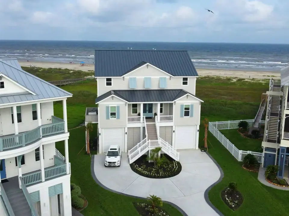 Elevated beachfront home on Galveston Island, built to weather Gulf Coast storms