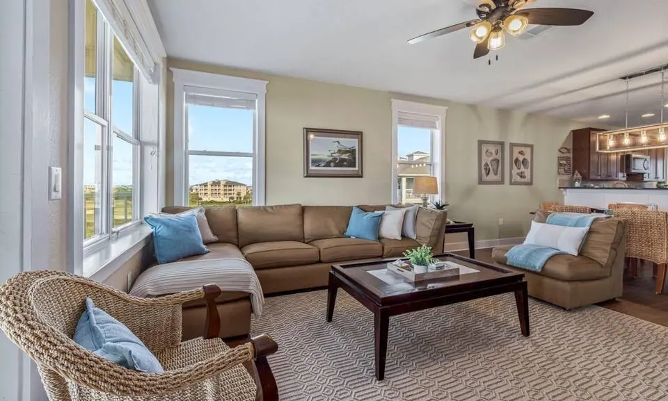 Top-Floor Condo at Pointe West vacation rental in Galveston — bright living room with resort views