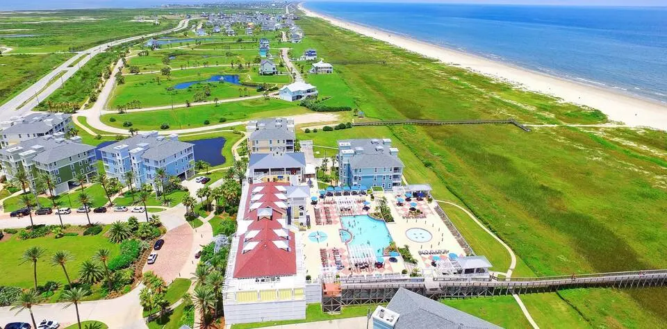 Aerial view of the Pointe West community and shoreline, Galveston